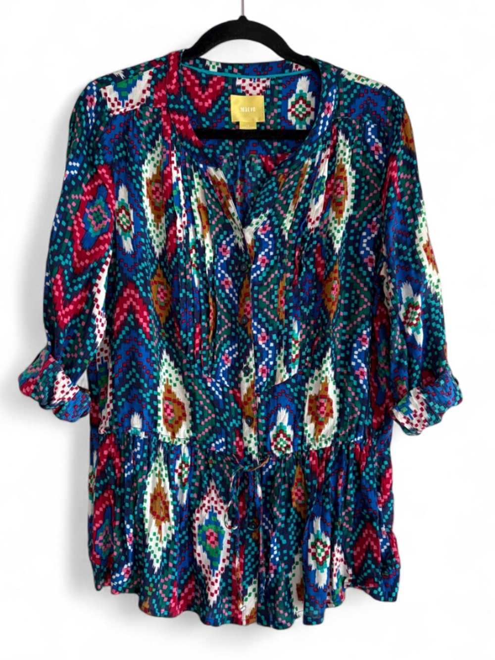 Maeve Blue Print Roll Sleeve V Neck Peplum Tie Waist Boho Blouse Size 10